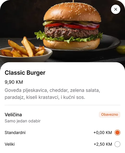 Detalj artikla sa veličinama i dodacima