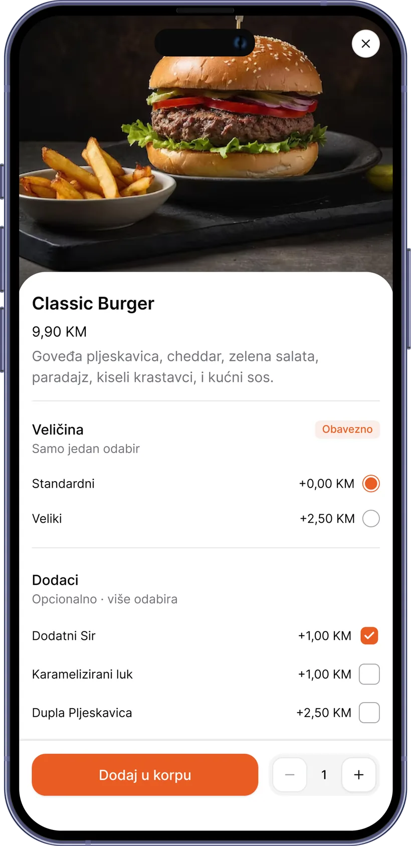 Artikal sa obaveznim veličinama i opcionalnim dodacima