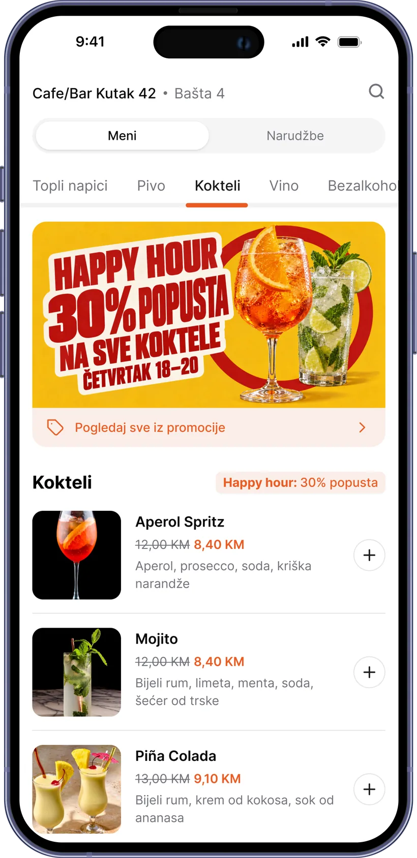 Happy hour promocija istaknuta u meniju